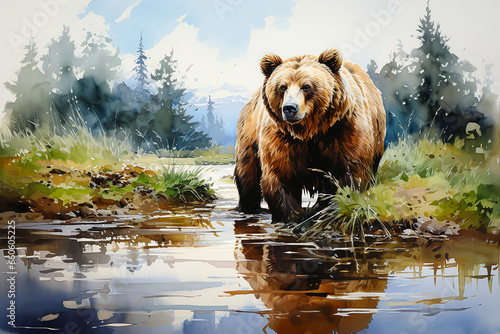 Brown bear in the lake drawn with watercolor