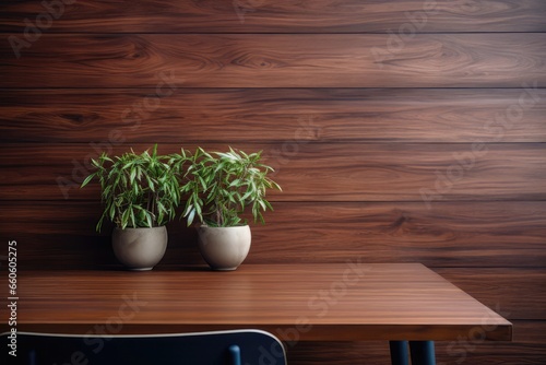Two Potted Plants Sit On A Wooden Table