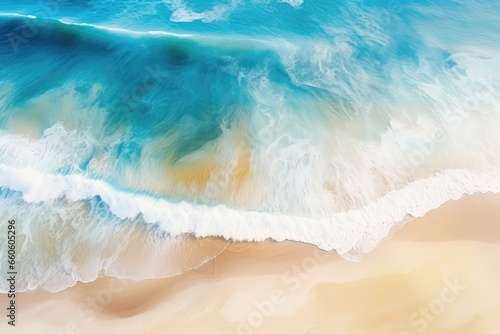 Summer Background Featuring Watercolor Sea Waves And Sandy Beach, Captured From Top Birdseye View. Сoncept Summer, Watercolor Waves, Sandy Beach, Birdseye View © Anastasiia