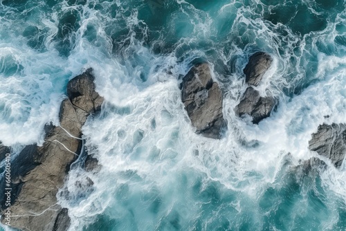 Topdown Aerial View Of Ocean Waves Crashing Against Rocks