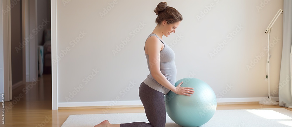 Young pregnant woman doing exercises with fitball - obrazy, fototapety, plakaty 