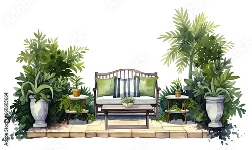 A bench with cushions and tables. Green garden near the house. Garden furniture. Watercolor illustration on a white background