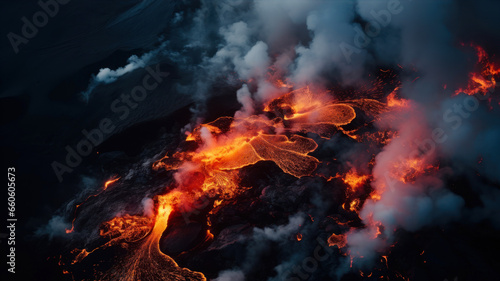 volcano eruption with flames and ash on black background