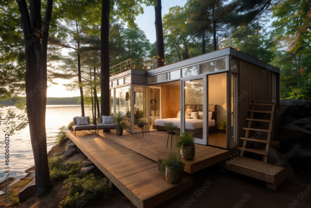 Vacation mobile houses on a campsite with trees around Vacation mobile houses on a campsite with trees around