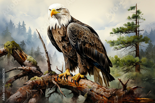 A bald eagle standing on a branch drawn with watercolor