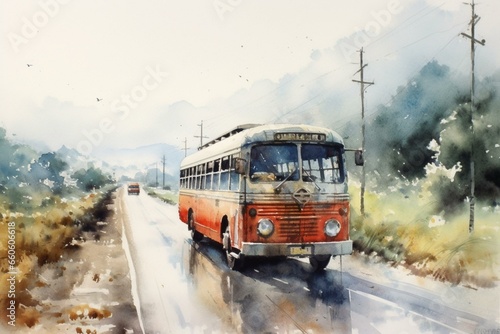 A watercolor painting of a bus driving on a road. Generative AI