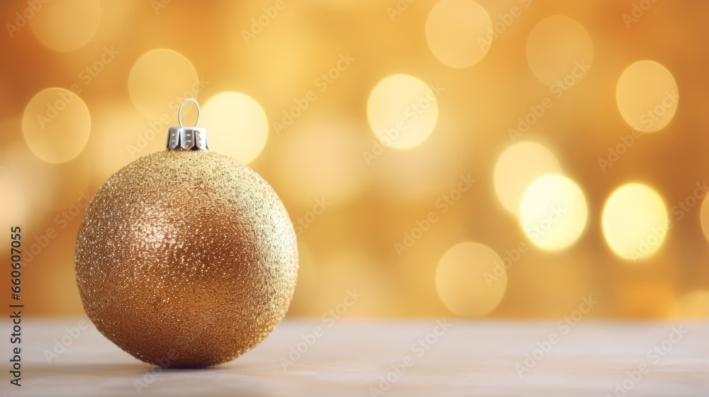 Golden Christmas Ball Adorning a Tree with Luminous Bokeh Background Golden Christmas Ball Adorning a Tree with Luminous Bokeh Background