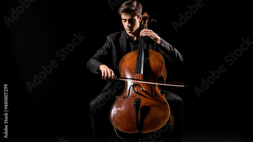 Man playing cello on black background photo