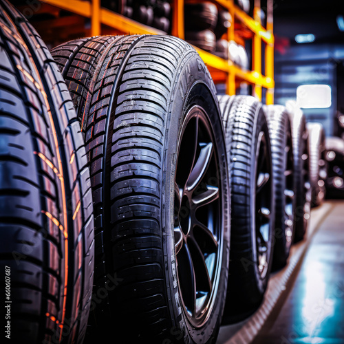 Automotive service center showcasing a stack of new winter tires for sale and installation © Hoody Baba