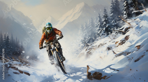 Fotografiet Thrilling Winter Mountain Biker Shreds Through the Snow