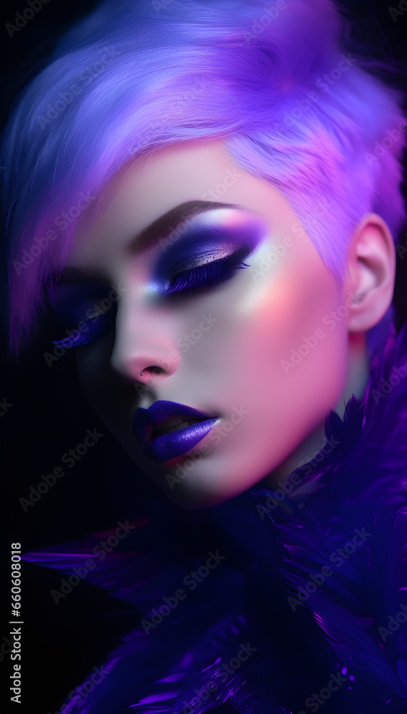 Portrait of a woman with violet creative smoked eye makeup, fashion photography 