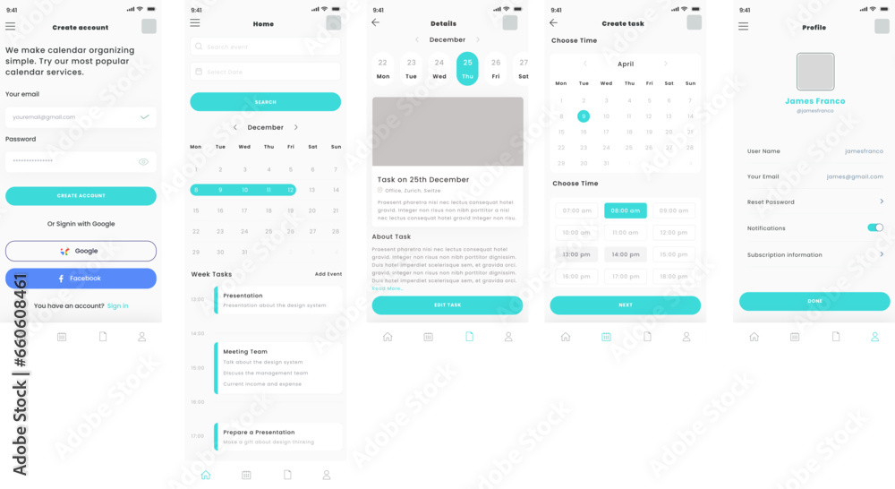Planning Task in Calendar, Project Management and Schedule Pages Mobile App UI Kit Template