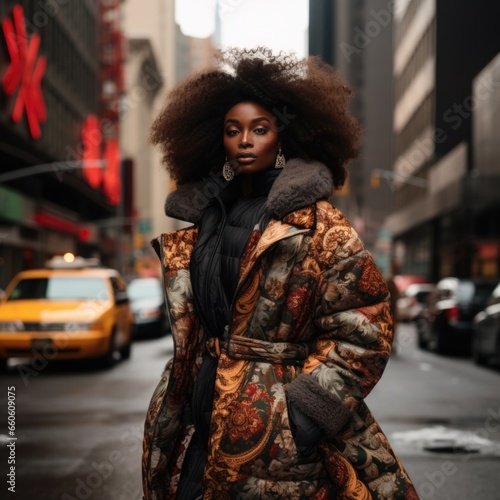 photo of a beautiful African-American supermodel, in stylish winter clothes in a big city against the backdrop of skyscrapers. Fashion and style concept.