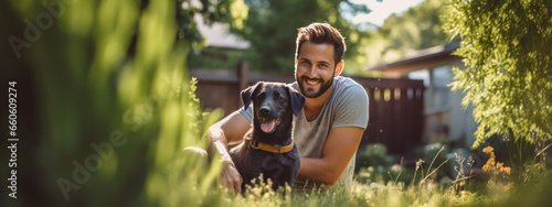 Happy man and his dog outdoors in the summer photo