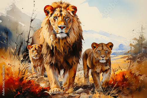 Leinwand Poster A Lion family in the wild drawn with watercolor