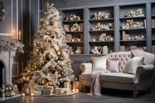 Festive living room with adorned Christmas tree. Close-up. Generative AI