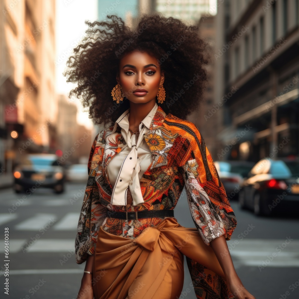 photo of a beautiful African-American supermodel, in stylish clothes in a big city against the backdrop of skyscrapers. Fashion and style concept.