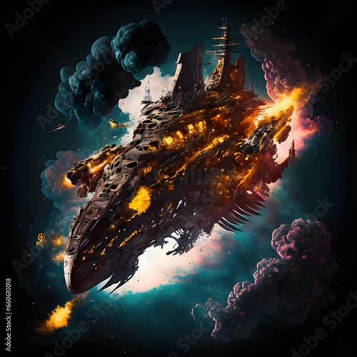 Fotografija Pirate Spacecraft battlecruiser Ominous Dreadnaught baroque aestetic deep space