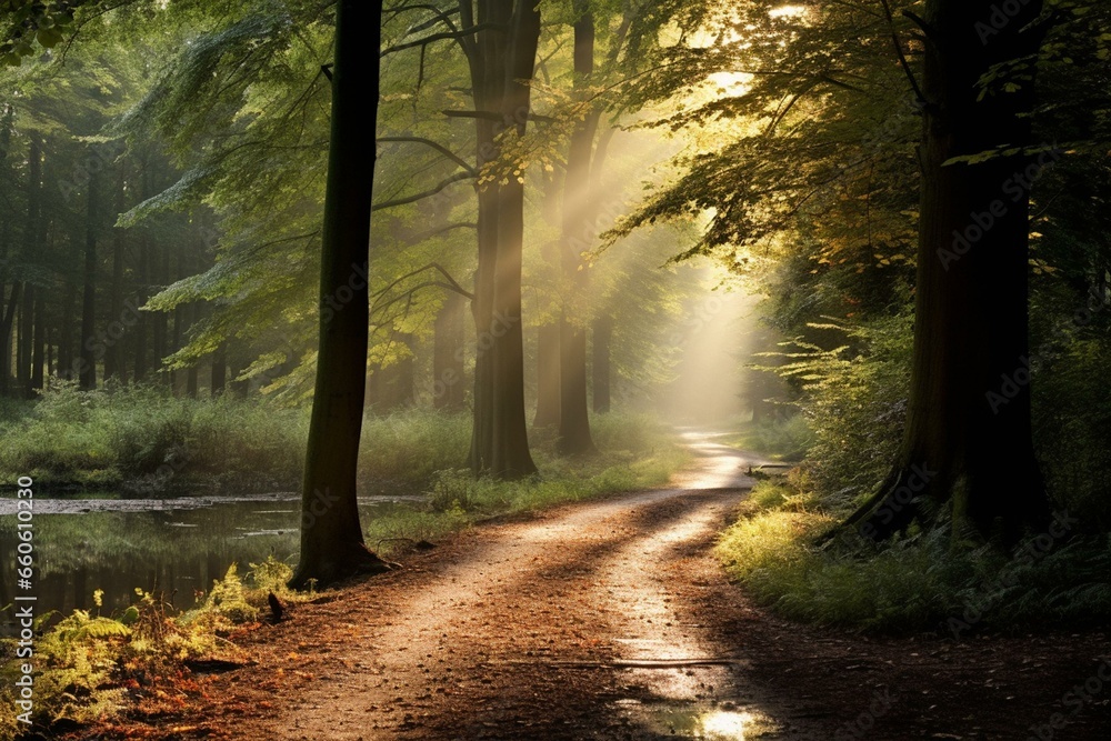 A serene autumn path through a peaceful woods at daybreak. Generative AI