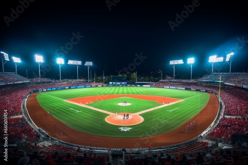 Experience thrilling evening softball under mesmerizing stadium lights. Generative AI