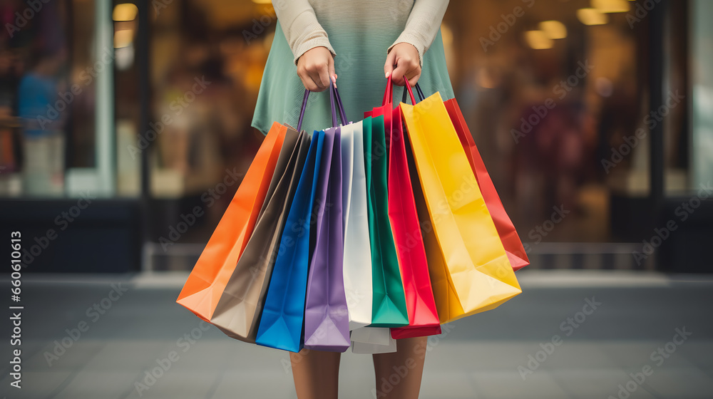 Gros plan sur les mains d'une femme avec plein de sacs pour des cadeaux pendant son shopping. - obrazy, fototapety, plakaty 