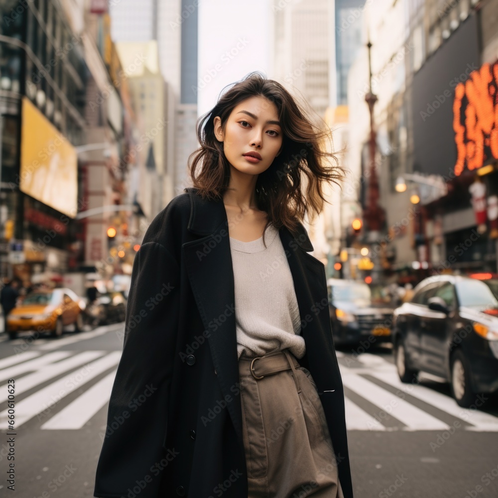 photo of a beautiful Asian supermodel, in stylish winter clothes in a big city against the backdrop of skyscrapers. Fashion and style concept.