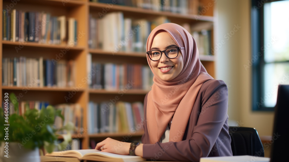 Muslim girl student smiling in the background of the university library Muslim girl student smiling in the background of the university library