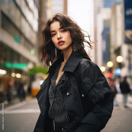 photo of a beautiful Asian supermodel, in stylish winter clothes in a big city against the backdrop of skyscrapers. Fashion and style concept.