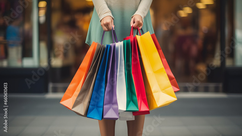 Gros plan sur les mains d'une femme avec plein de sacs pour des cadeaux pendant son shopping. photo