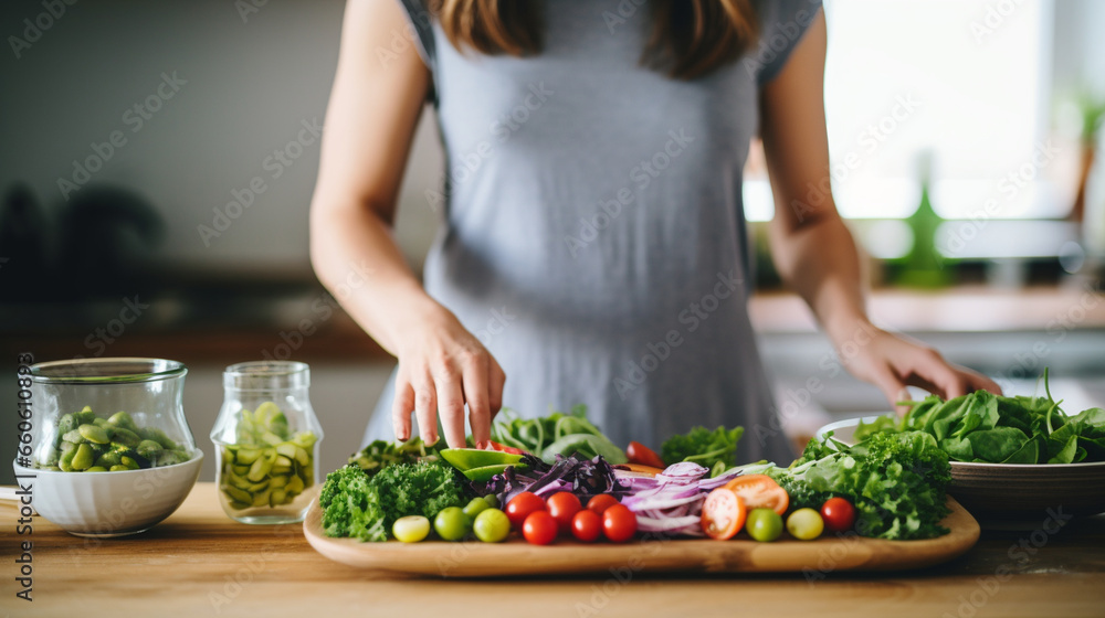 A confident healthy woman vegan preparing a colorful plant-based meal, blurred background, with copy space A confident healthy woman vegan preparing a colorful plant-based meal, blurred background, with copy space