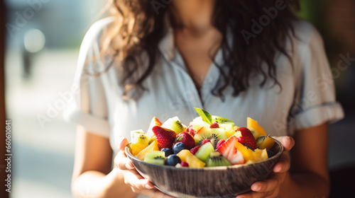A happy and healthy woman vegan enjoying a fresh fruit salad, blurred background, with copy space