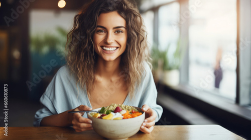A cheerful healthy woman vegan holding a vibrant smoothie bowl, blurred background, with copy space