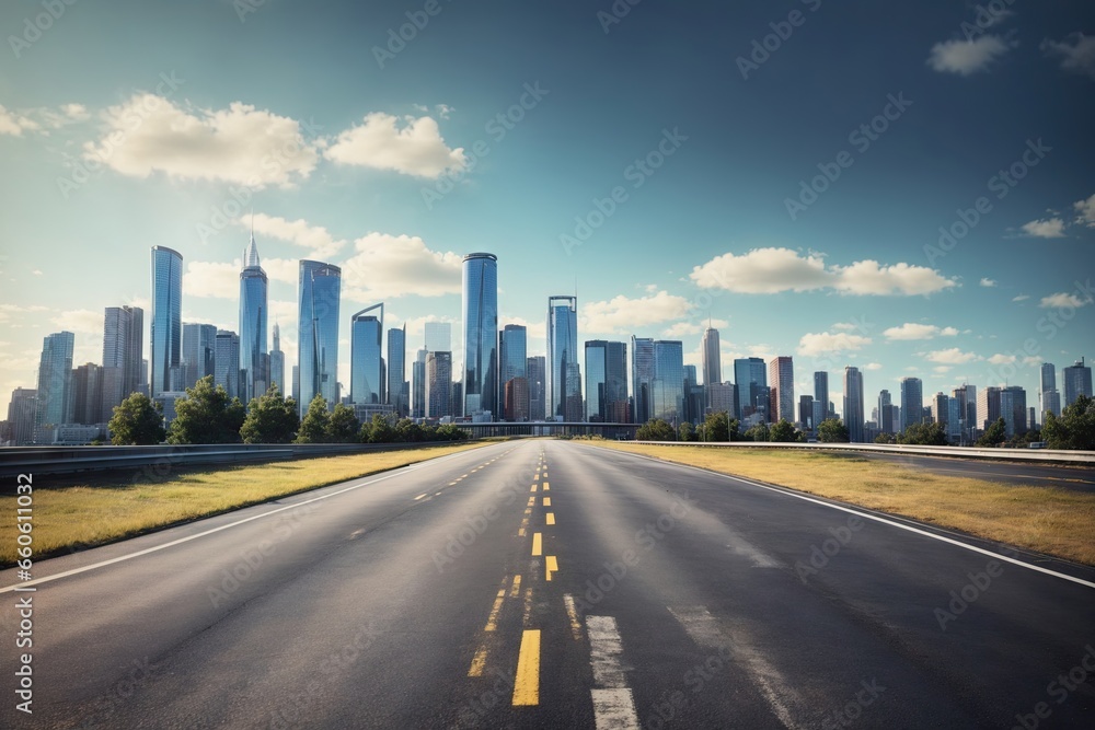 empty asphalt road with city skyline. ai generative