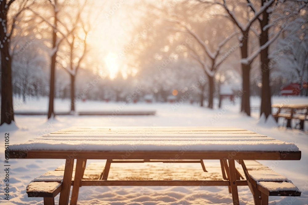 Empty wooden snow covered table on winter park. ai generative