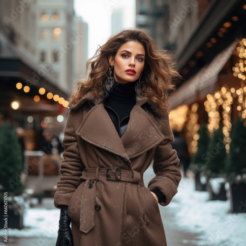 photo of a beautiful supermodel, in stylish winter clothes against the backdrop of skyscrapers. Fashion and style concept. © koplesya