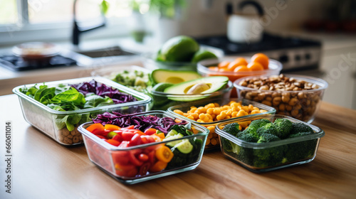 A mindful healthy woman vegan meal prepping with fresh, wholesome vegetables, blurred background, with copy space photo