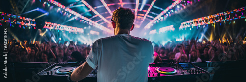 Back view of a Dj standing in front of a big crowd at a music festival photo