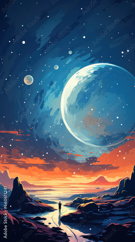 Fototapeta premium Astronaut in spacesuit standing on uninhabited planet, bright stars and galaxies and planets in the sky, illustration