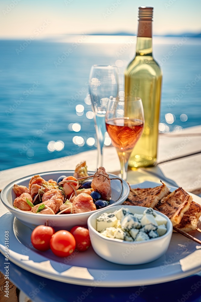 Dinner of Greek cuisine against the backdrop of the sparkling blue Aegean Sea. Food photography Dinner of Greek cuisine against the backdrop of the sparkling blue Aegean Sea. Food photography