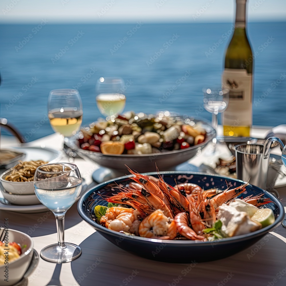 Dinner of Greek cuisine against the backdrop of the sparkling blue Aegean Sea. Food photography Dinner of Greek cuisine against the backdrop of the sparkling blue Aegean Sea. Food photography