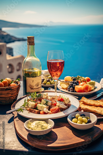 Dinner of Greek cuisine against the backdrop of the sparkling blue Aegean Sea. Food photography