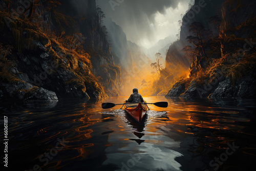Silhouette of a man sitting in a kayak floating on the river at sunset