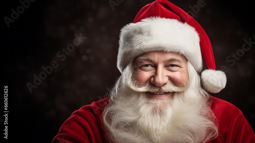 Joyful Senior Man with Long White Beard in Santa Hat  Portrait Against Dark Backdrop
