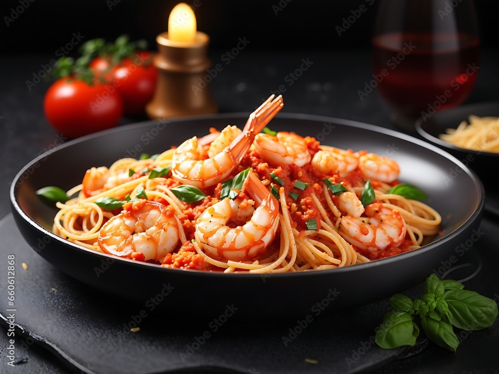 Pasta spaghetti with shrimps and tomato sauce served on plate on dark surface Pasta spaghetti with shrimps and tomato sauce served on plate on dark surface