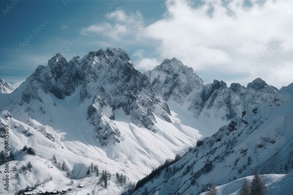 Scenic view of snowy mountains. Generative AI