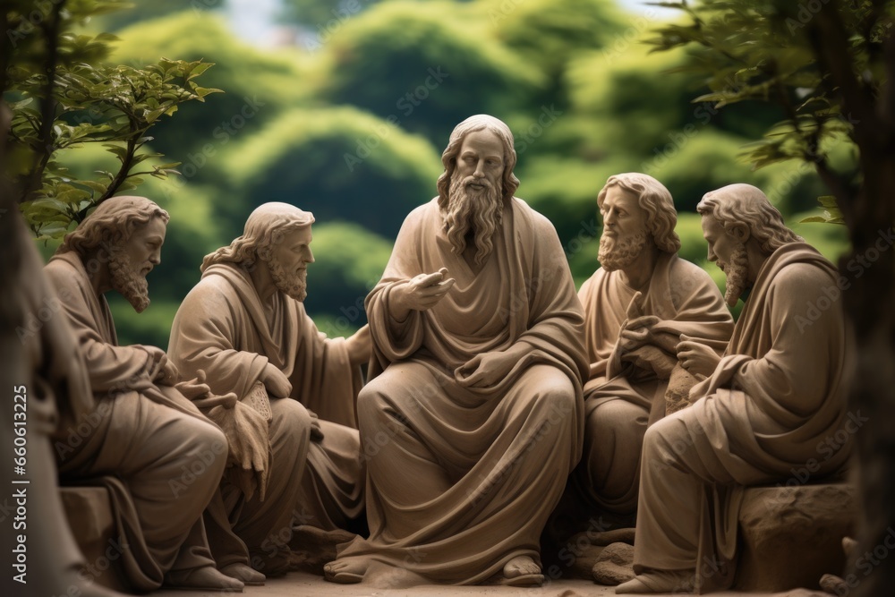 A group of statues depicting Jesus sitting on a bench. This image can be used to represent spirituality, religion, or contemplation. - obrazy, fototapety, plakaty 