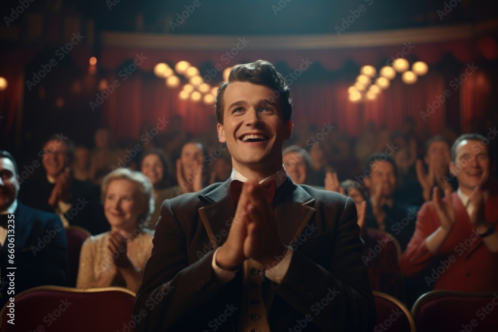 A man in a suit clapping in front of a crowd. Suitable for business, success, achievement, and motivation concepts.