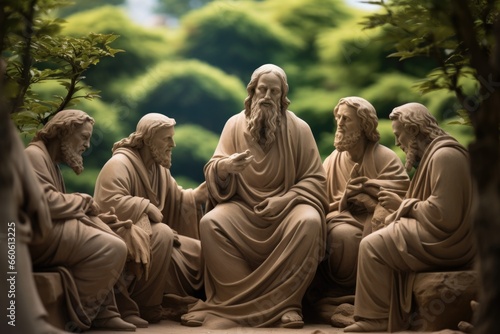 A group of statues depicting Jesus sitting on a bench. This image can be used to represent spirituality, religion, or contemplation.