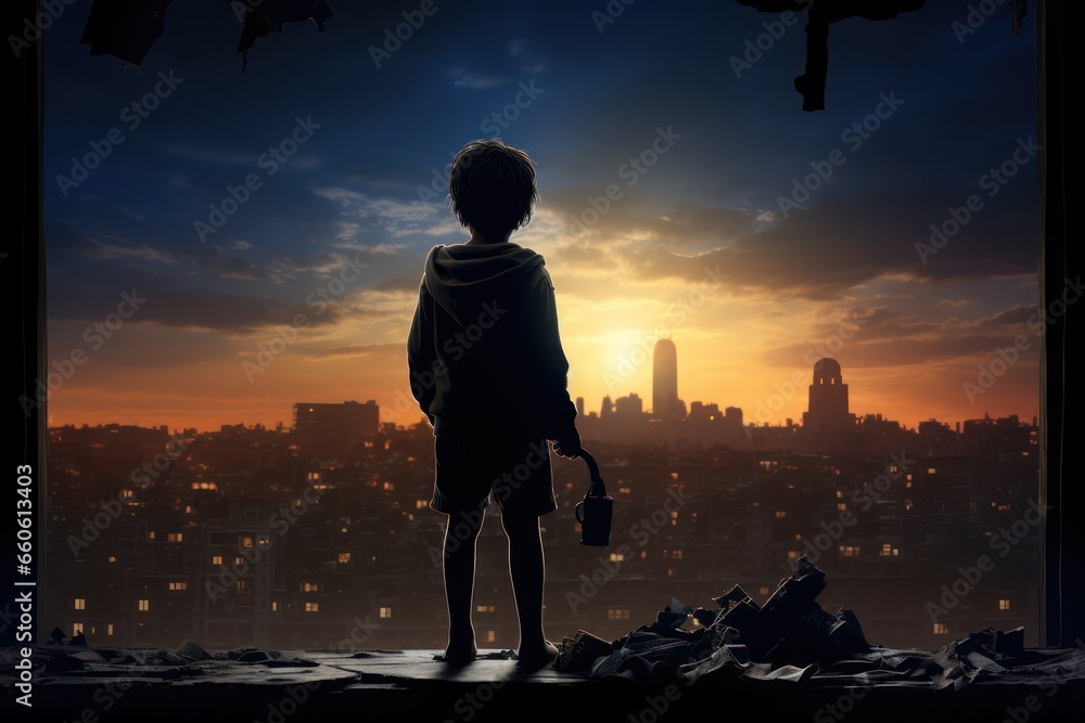 silhouette of an orphaned child stands in the ruins looking at skyscraper from afar. generative ai