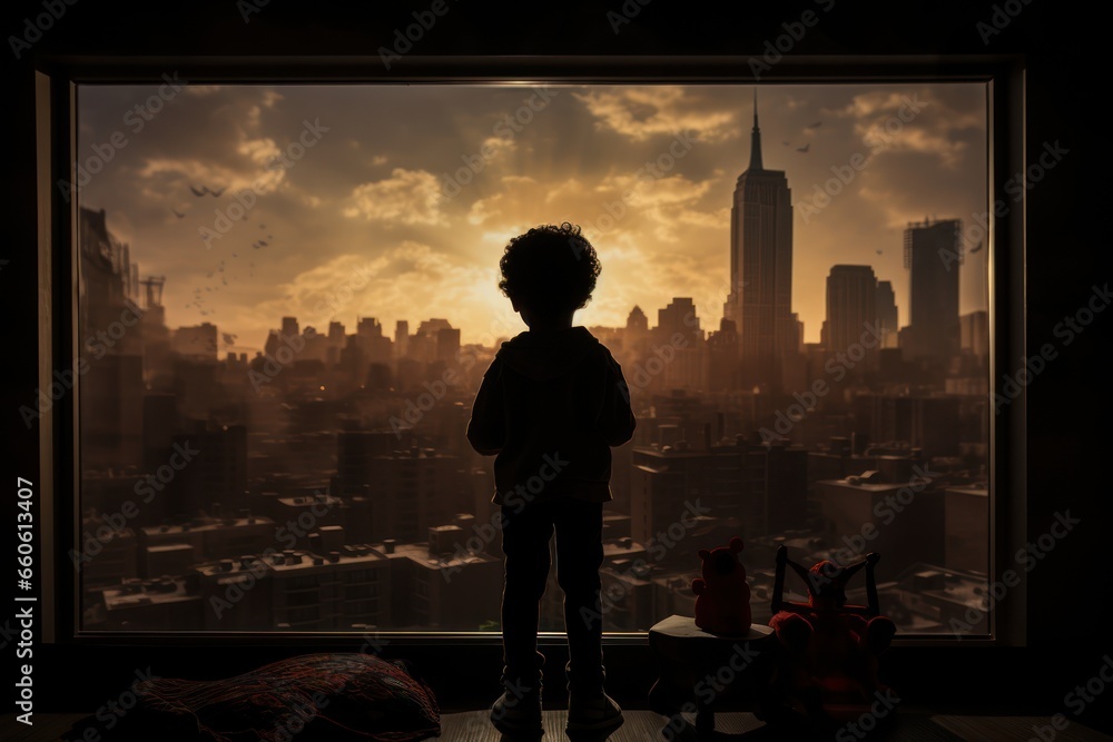 silhouette of an orphaned child stands in the ruins looking at skyscraper from afar. generative ai - obrazy, fototapety, plakaty 